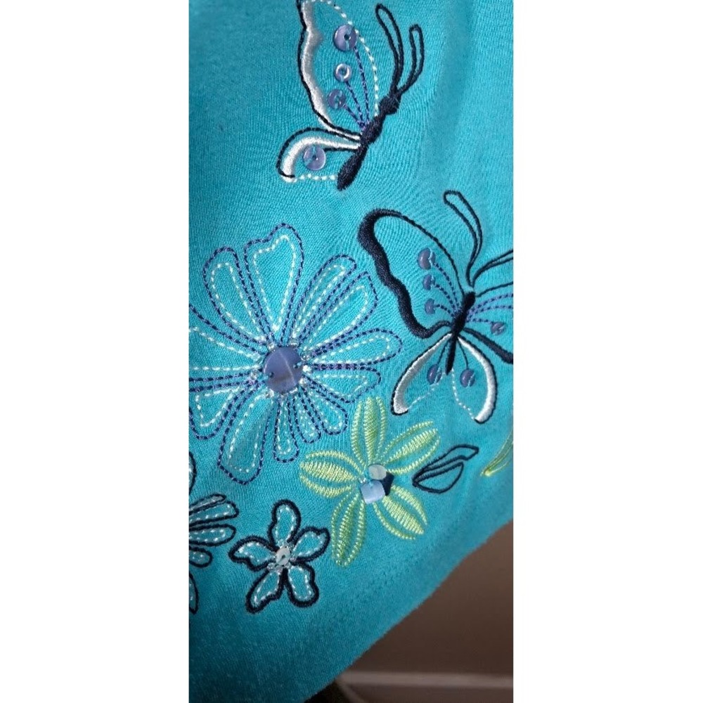 Alfred Dunner Turquoise Butterfly Floral Embroidered 3/4 Sleeve Top Size 8 - Picture 5 of 6